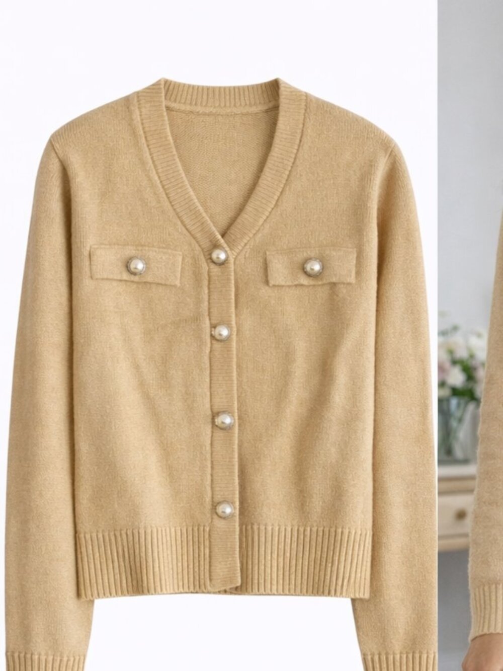 Elegant Pearl Button Knit Cardigan – Soft Beige Minimal Style | NWT
